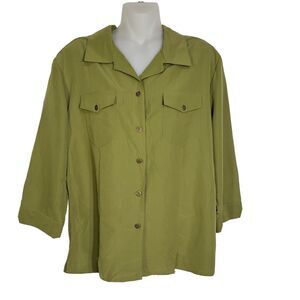 Apparenza Womens Top Large Green Button Front 3/4 Sleeve Pockets Shoulder Pads